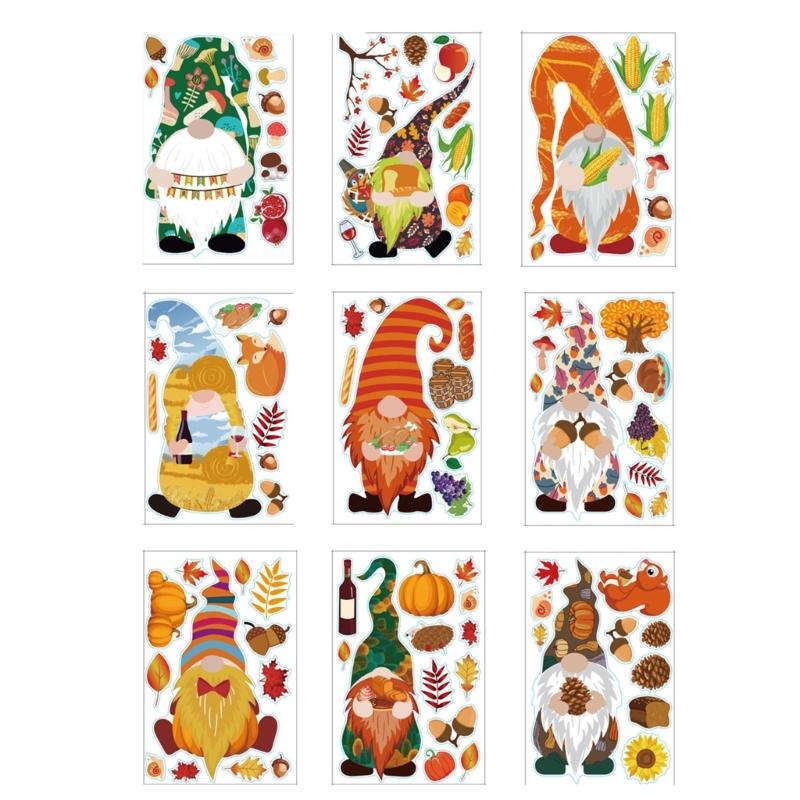 9 Sheets Thanksgiving Day Adhesive Electrostatic Stickers Decorations Decal Maple Leaf Larch Fruits Party Supplies