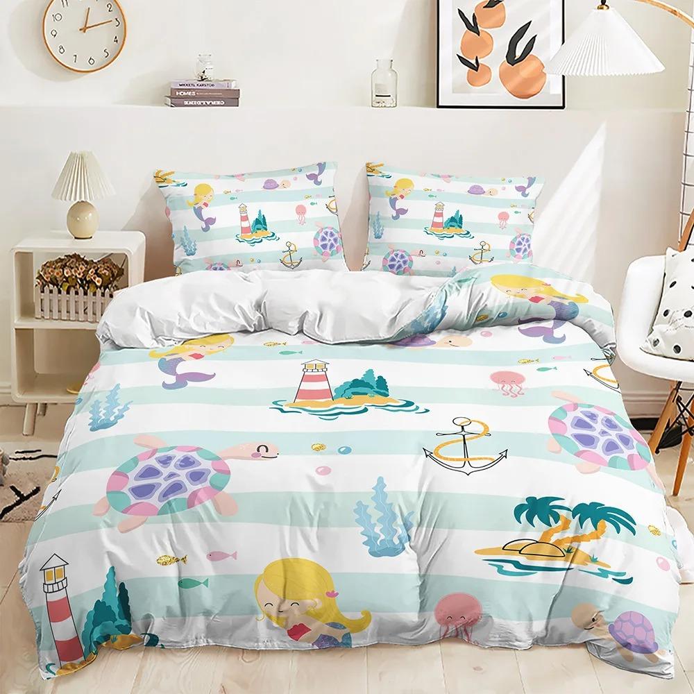 Cartoon Mermaid Bedding Set Comfortable Duvet Quilt Cover Pillowcase Bedding Set Children Bedroom Decoration Home Textile