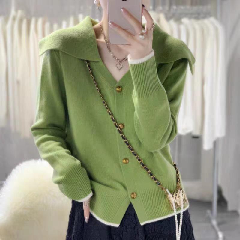 Women's 100% Wool Color Block Sailor Collar Cardigan - Thickened, Single-Breasted, Age-Reducing Knit for Autumn/Winter