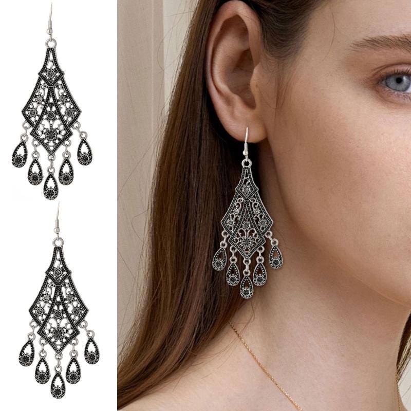 Vintage Hollow Out Droplet Flower Tassels Earrings Zinc Alloy Lightweight Dangle Jewelry for Women