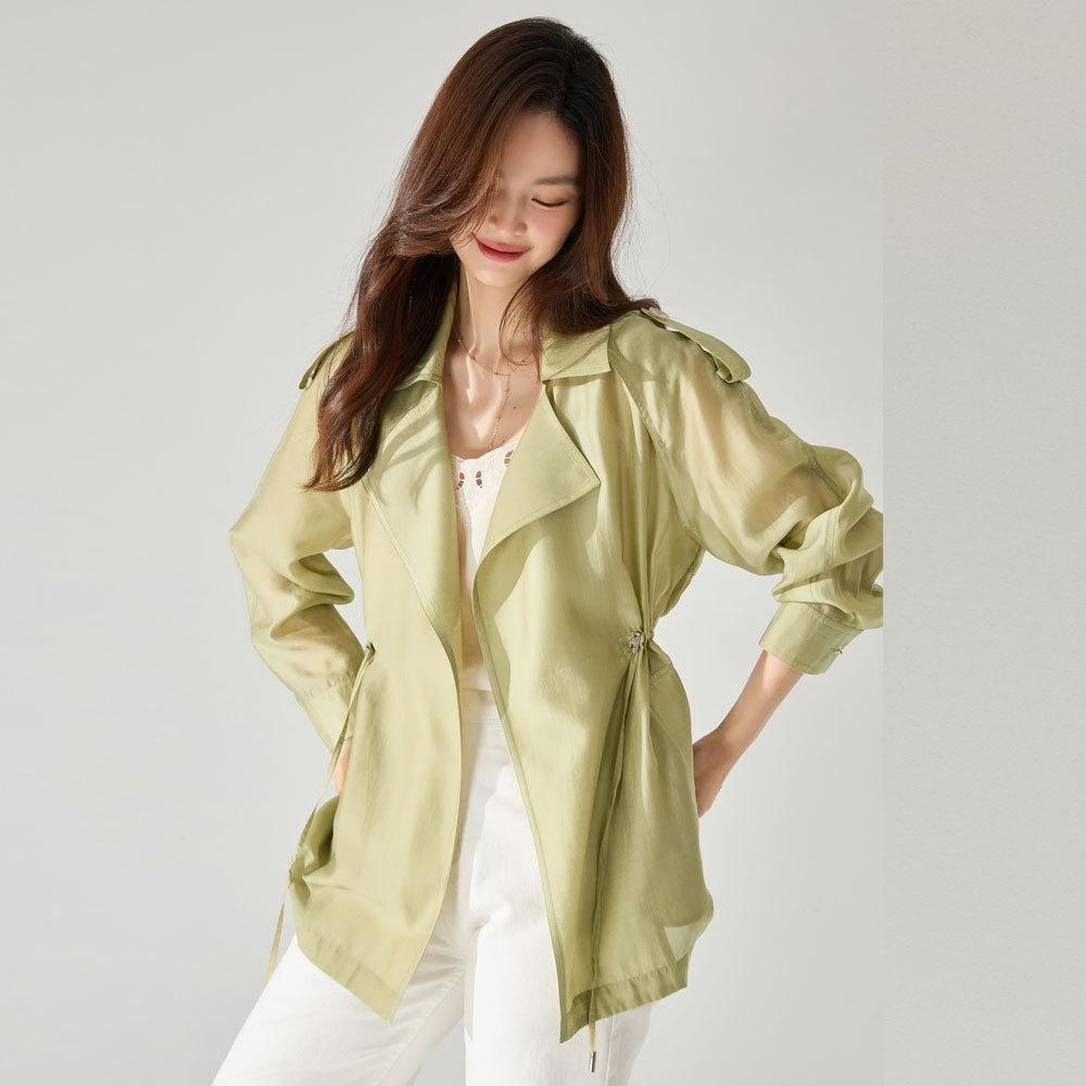 Tencel skin-friendly and breathable, thin and transparent sunscreen, light air-conditioning shirt, drawstring waist long-sleeved trench coat 23232