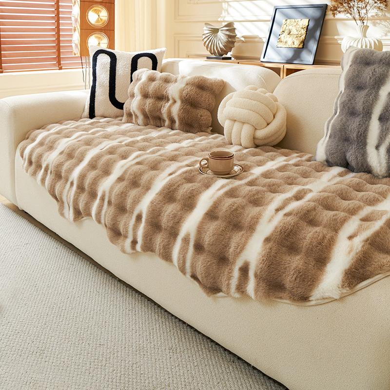 2024 New Autumn and Winter Rabbit Plush Special-shaped Irregular Sofa Cover Non-slip Cover Light Luxury Premium Straight Row Sofa Cushion