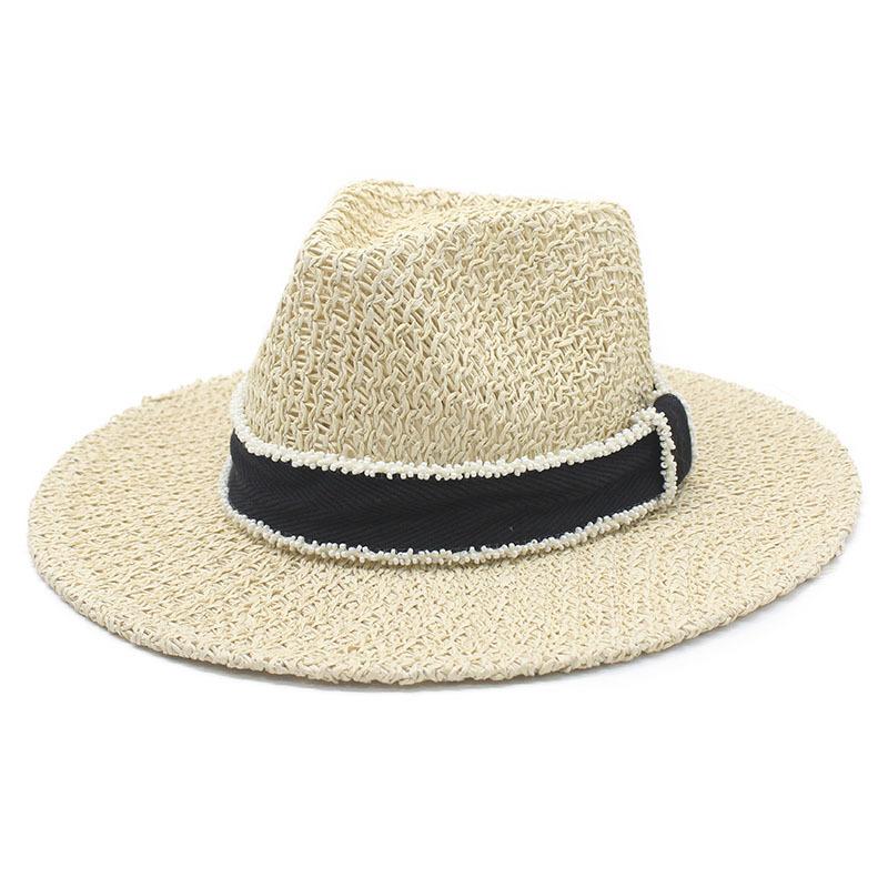 New product Xiaoxiangfeng hollow top hat beads ribbon British style handsome straw hat beach vacation sun hat