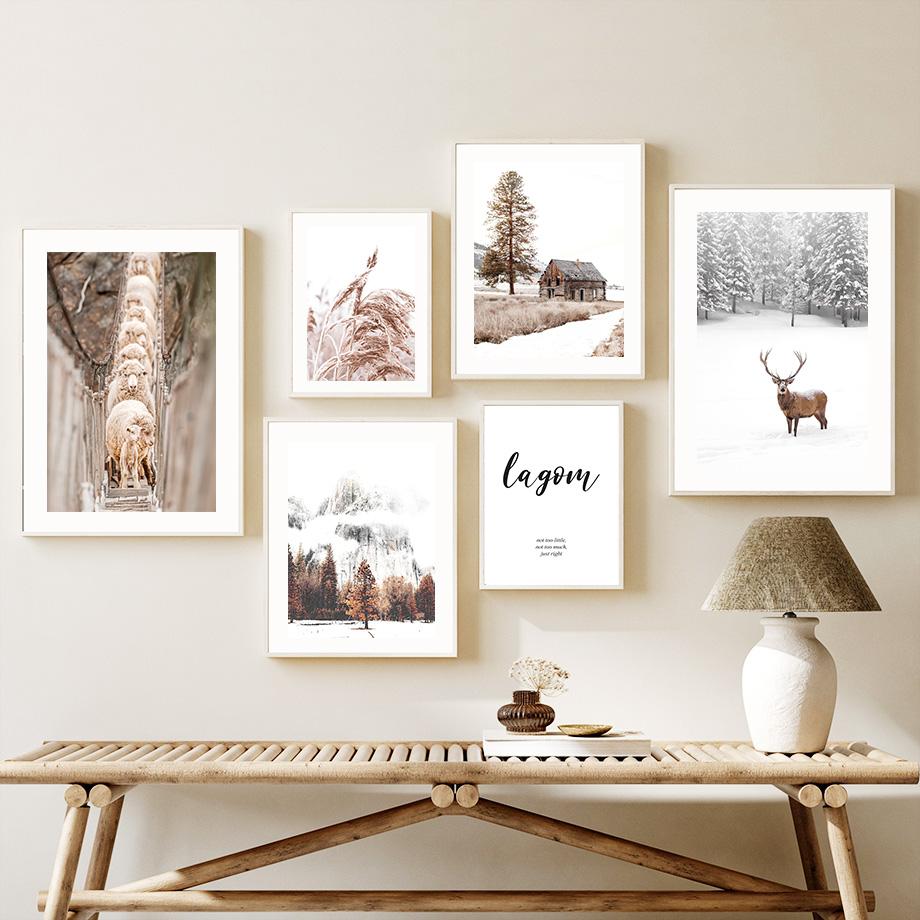 Sheep Deer Squirrel Snow Mountain Bridge Pine Wall Art Canvas Painting Posters And Prints Wall Pictures For Living Room Decor