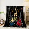 Two Electric Guitars, Hand Sign, Lightning Bolts, and "Let's Rock" Text. for All Seasons Blanket Lunch Break Throw Gift