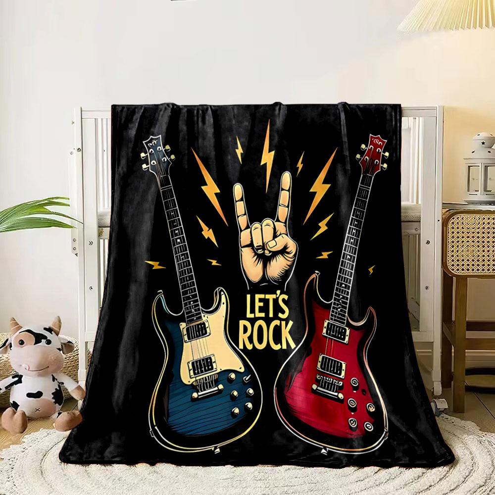 

Two electric guitars, hand sign, lightning bolts, and Let s Rock text. for all seasons blanket lunch break throw gift 80cm x 120cm