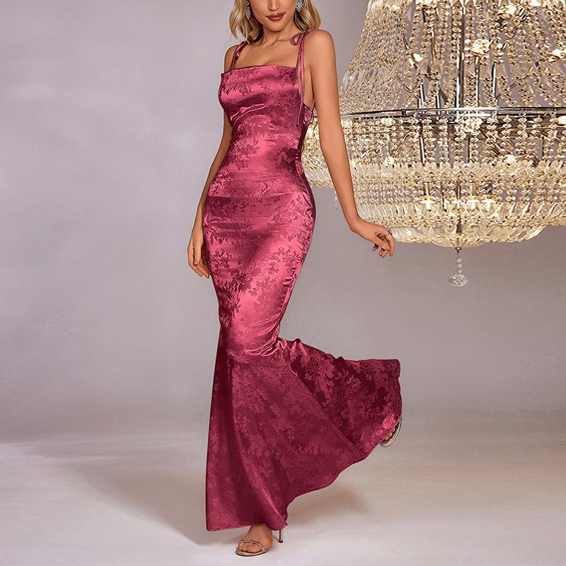 Suspender dress, European and American sexy backless jacquard strap long hip-wrapped fishtail dress