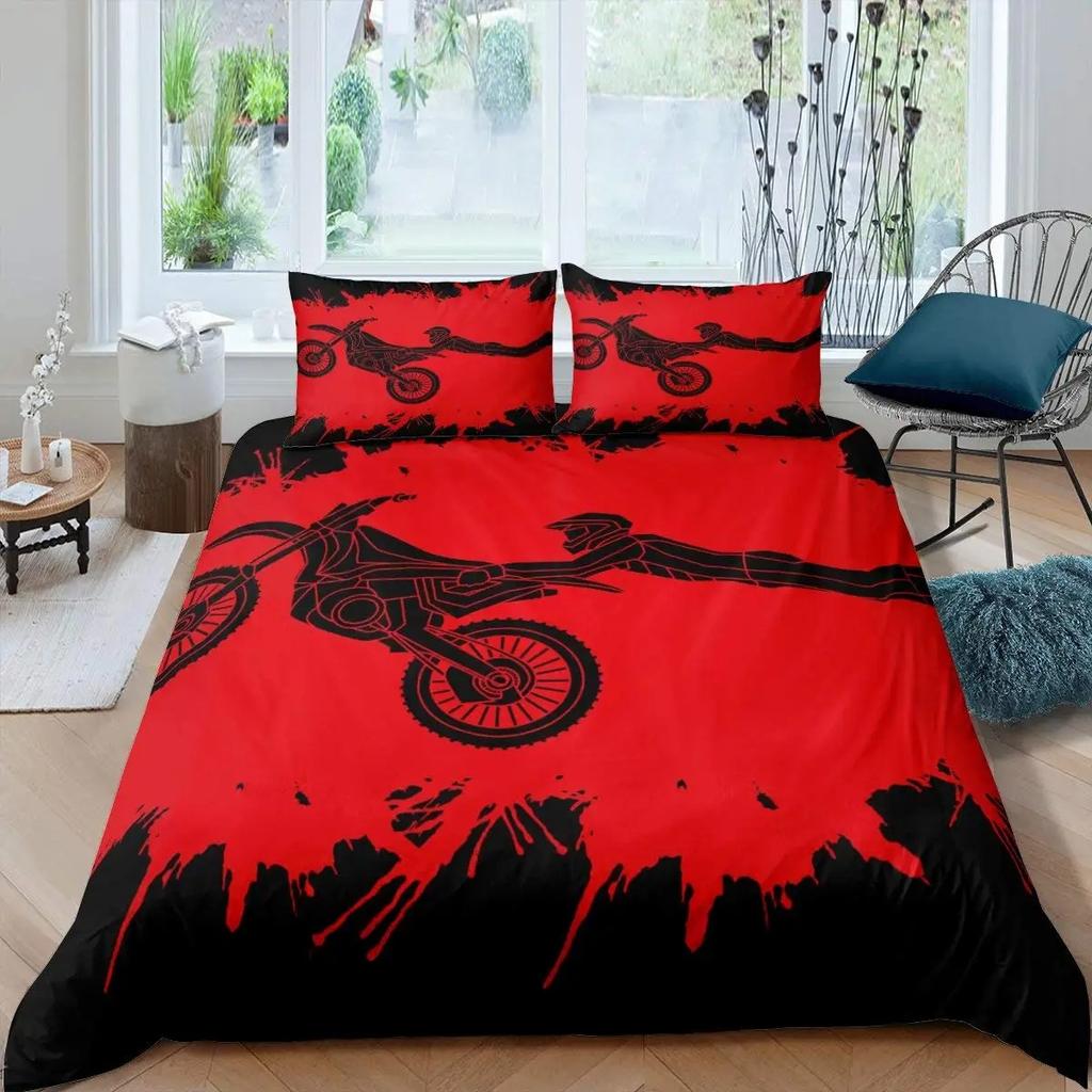 3D Motocross Duvet Cover King Size Microfiber Red Black Dirt Bike Extreme Sports Motorcycle Bedding Set