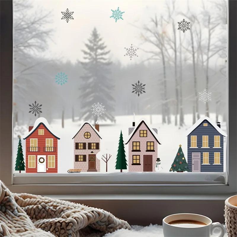 Christmas Houses Window Stickers Removable Self-adhesive Double Sided Snowflakes Xmas Tree Wall Glass Decals For Home Decoration