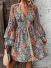 Elegant Floral Print V Neck Long Sleeve Midi Dress For Office Wear
