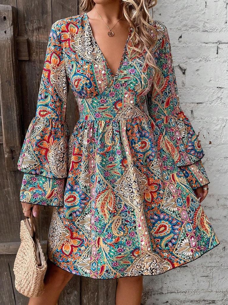 Elegant Floral Print V Neck Long Sleeve Midi Dress For Office Wear