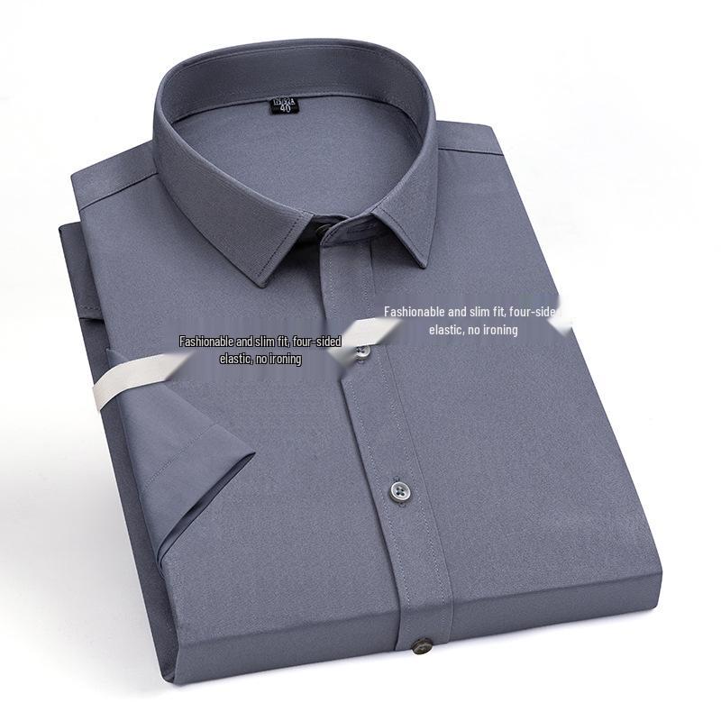 2025 Men's Stretch Short-Sleeve Business Shirt, Solid Color, Formal Interview/ Casual, Iron-Free