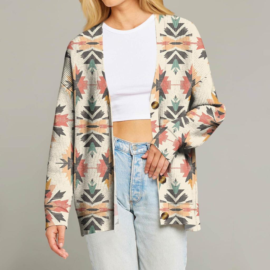 Women's Fashion Long Sleeve Christmas Print V-Neck Button Loose Cardigan Top