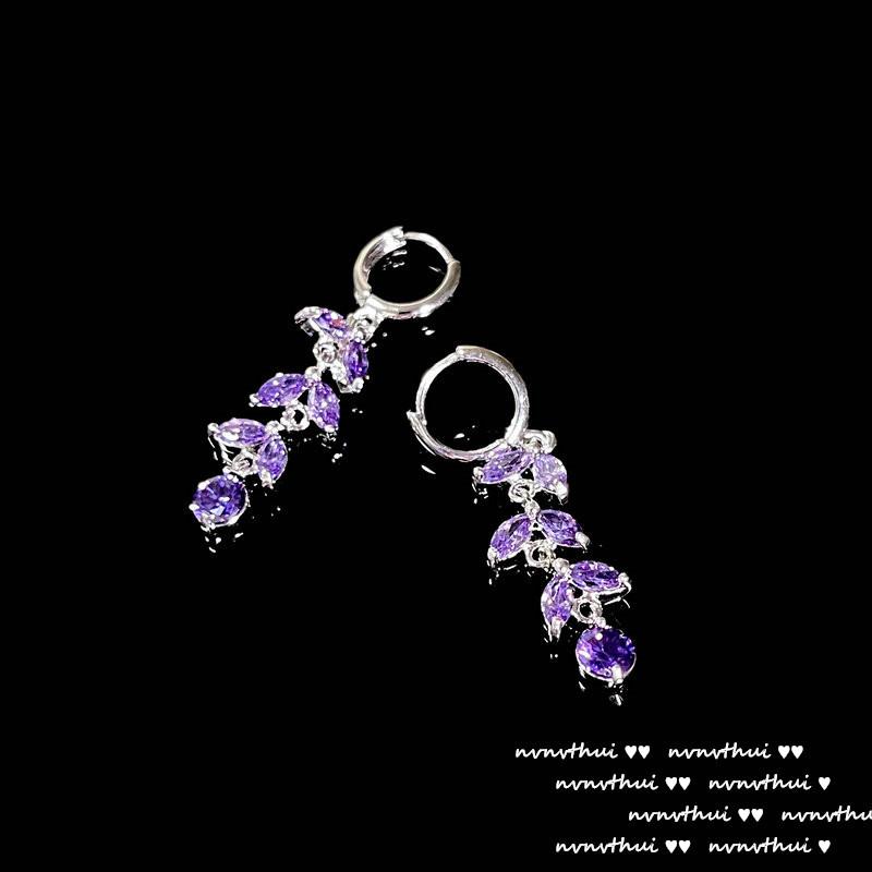 Lake Light And Water Shadow Purple Tanzanite Flower Earrings, Antique, 18K Gold Wheat Ear Plated Geometric Zircon Inlaid Earrings.