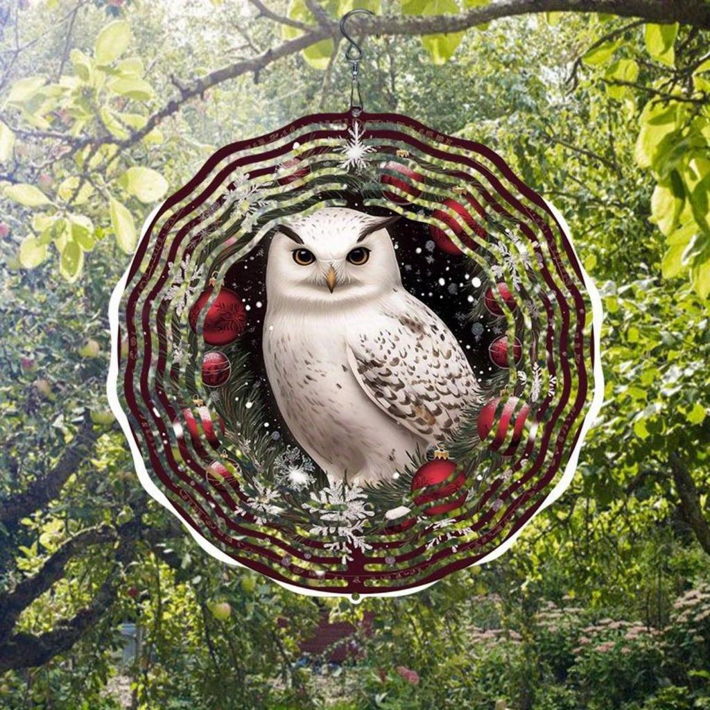 Weihnachts-Eule Windspiel Outdoor-Dekoration Hängend Drehbar Garten Terrasse Feiertagsdekoration Wetterfest 2D Dynamische Kunst mit 360-Grad-Drehhaken