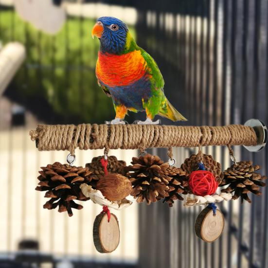 Yousheng Parrot Stand Chewing Pine Balls Grinding Paw Natural Wood Hemp Rope Weaving Perch Stand Bird Climbing Toy Cage Accessories