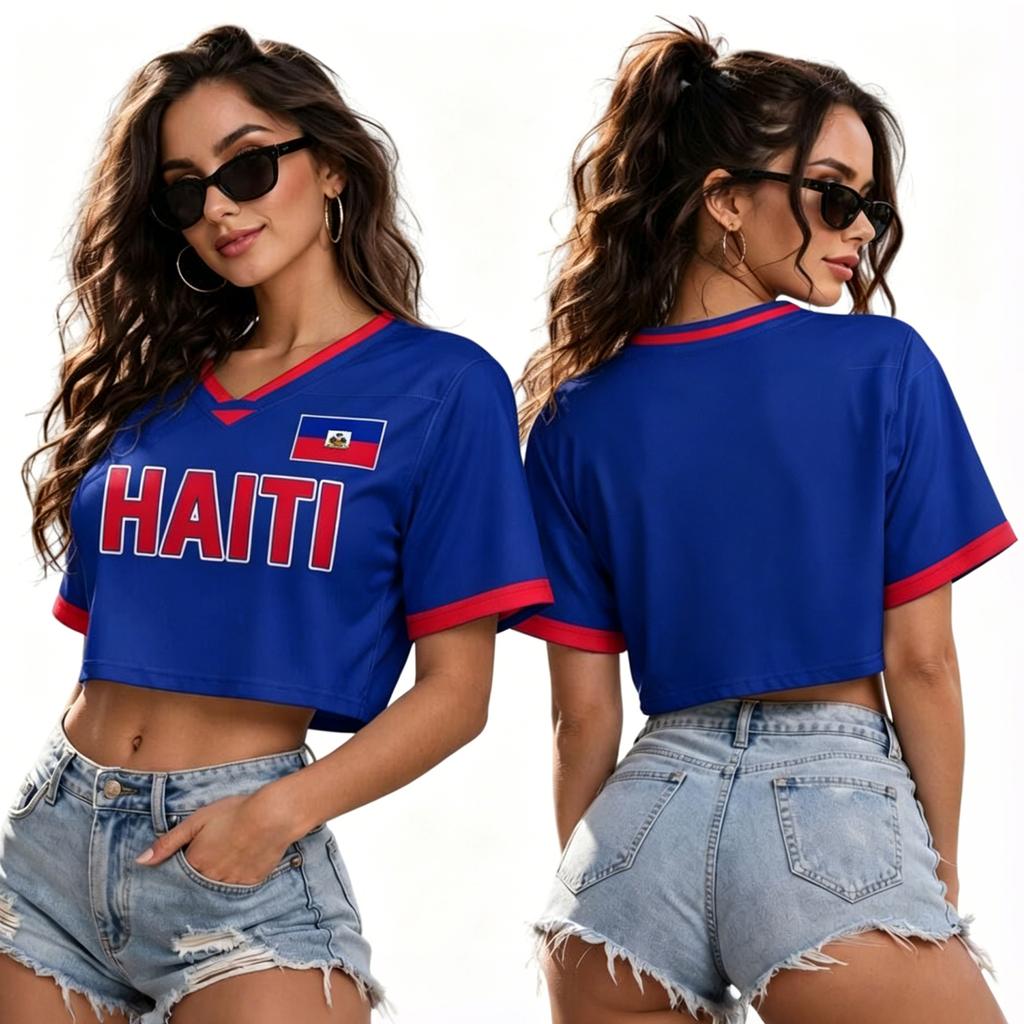 Women's V Neck Cropped T Shirt Short Sleeve World Cup Inspired Graphic Tee Lightweight Casual Top for Summer and Sports Wear