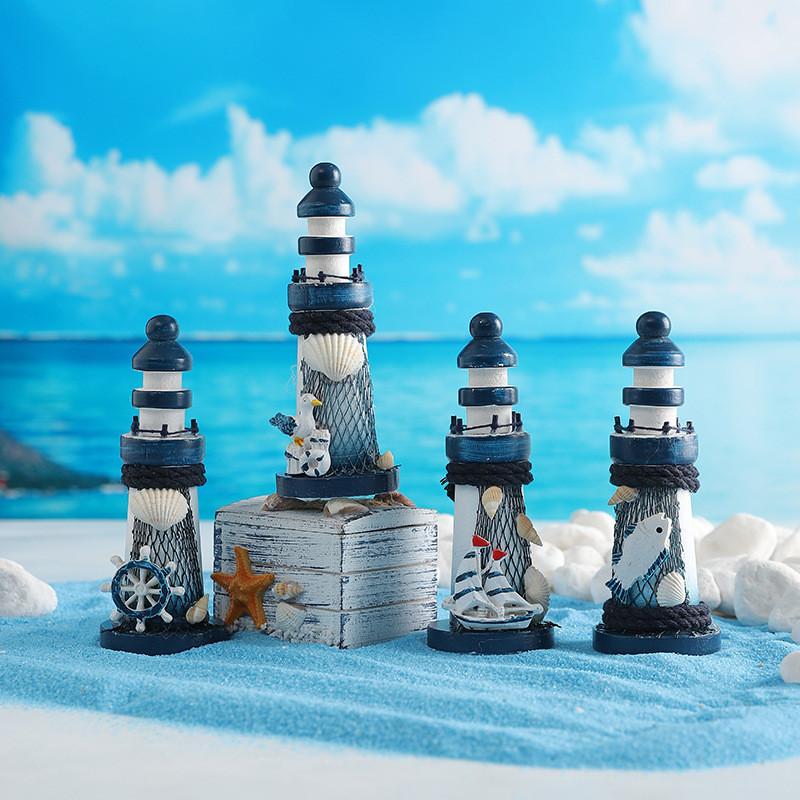 Mediterranean Wooden Lighthouse Decorative Figurine Home Office Gift For Beach Lovers