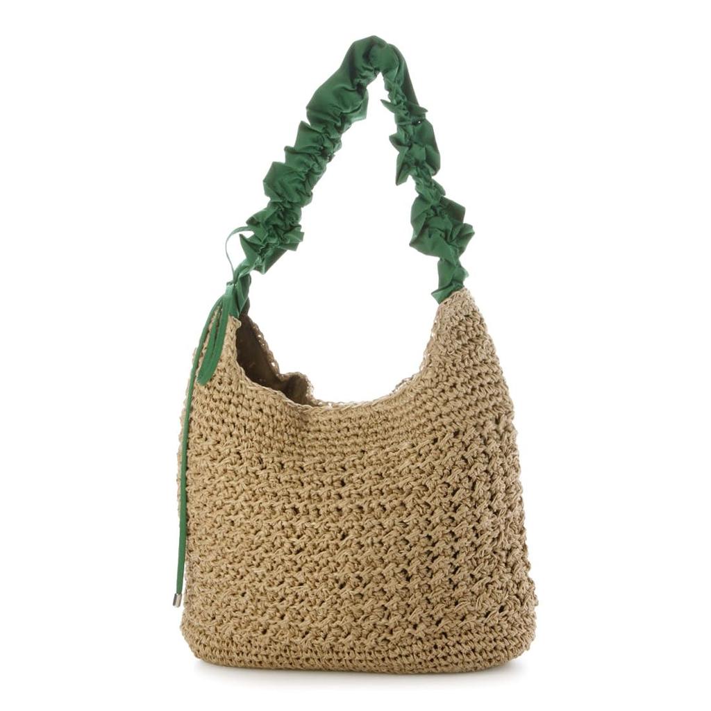 Drawstring frill handle woven tote bag