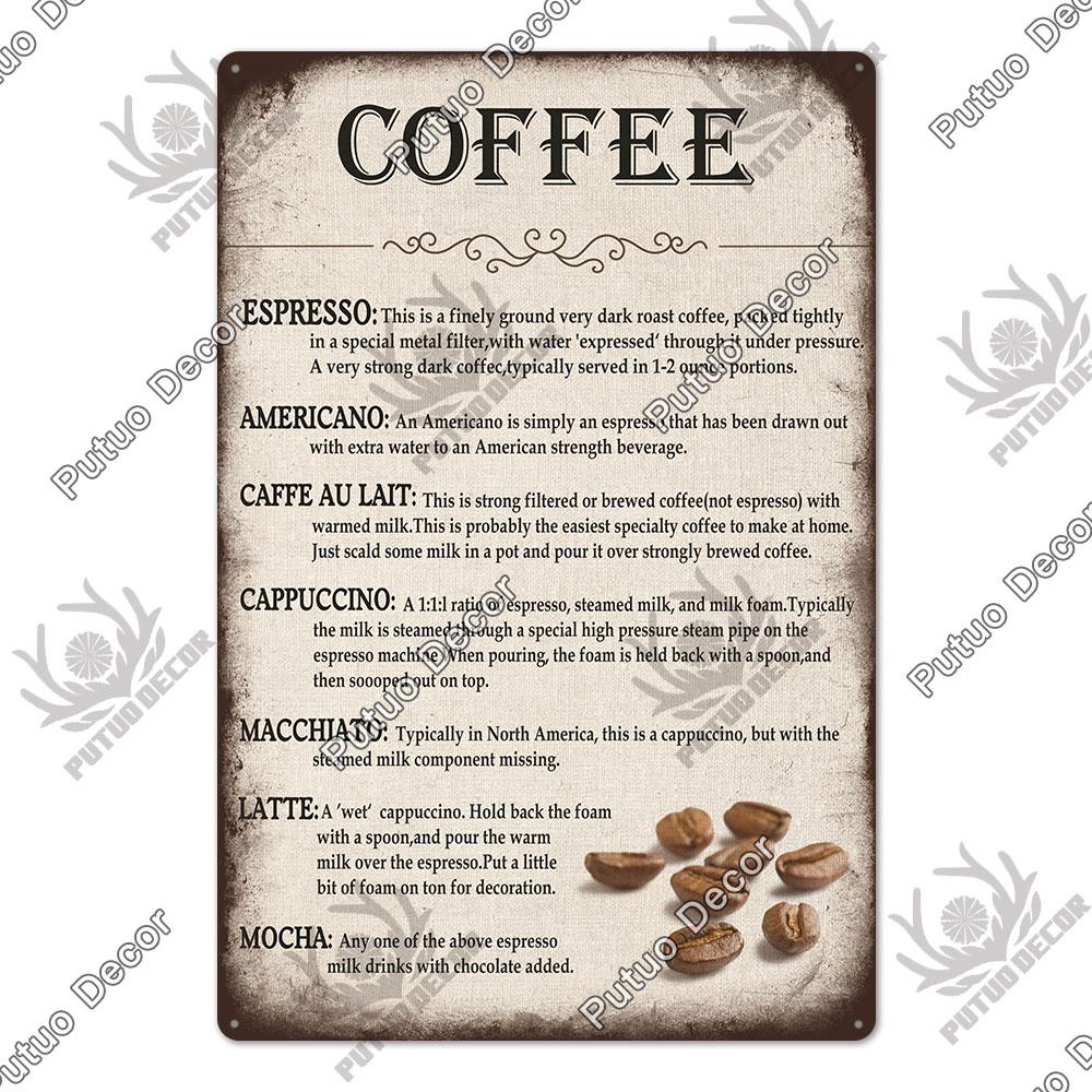 Putuo Decor Coffee Vintage Tin Metal Sign Decorative Plaque Retro Plate Cafe Kitchen Man Cave Coffee Bar Club Wall Decoration