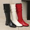 Red Black Women Knee High Boots Round Toe Mid Chunky Heels Small Big Size 32 46