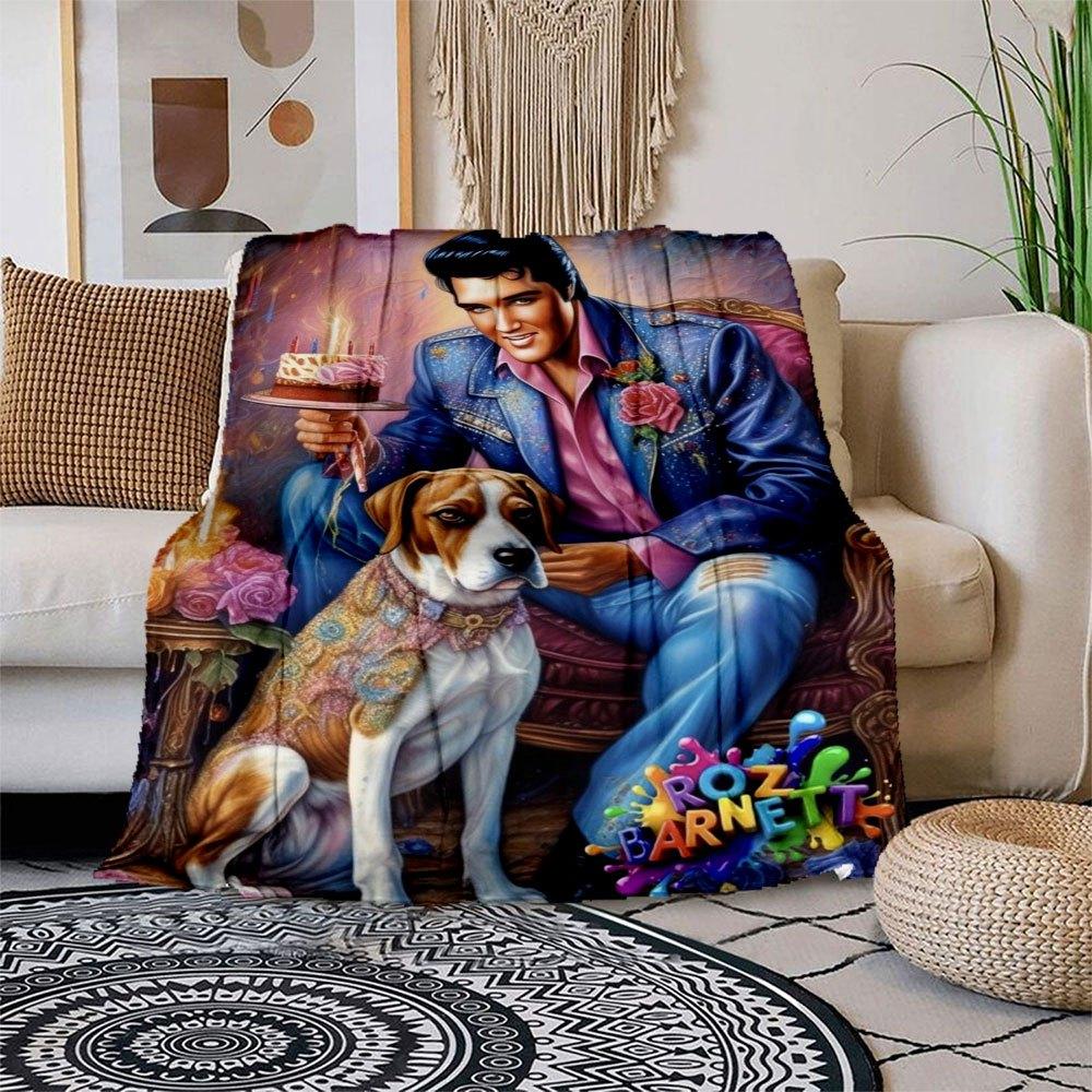 

Elvis Presley Birthday Cake with Dog Art Print Blanket Flannel Throw Blanket for Sofa, Bed, Travel, Camping, Office, Couch, Chair, And Bed 150x180cm