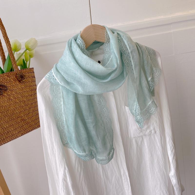 Retro Tie-dye Lace Edge Cotton and Linen Scarf Women's Spring Autumn Versatile Summer Thin Sunscreen Small Shawl with Short Yarn