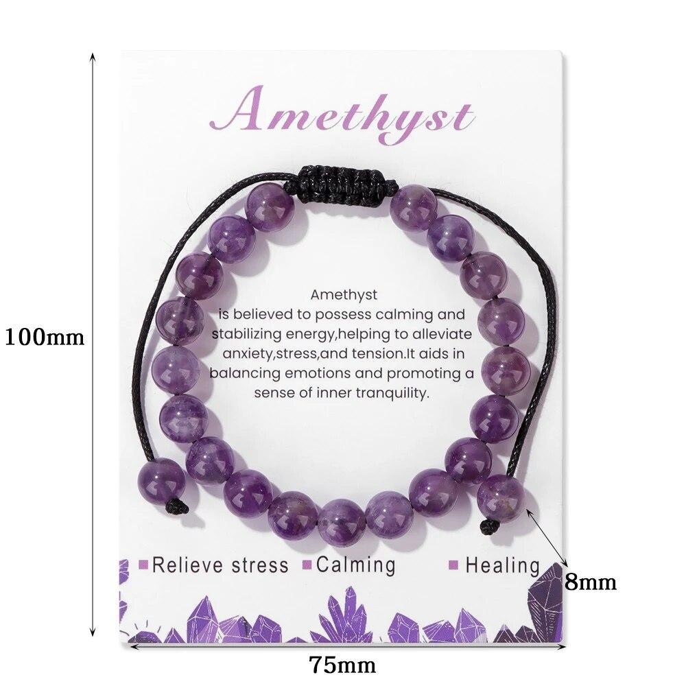 New Natural Stone Amethysts Bracelet with Card 8mm Pink Quartz Fluorite Beads Bracelet Adjustable for Women Men Couple Jewelry