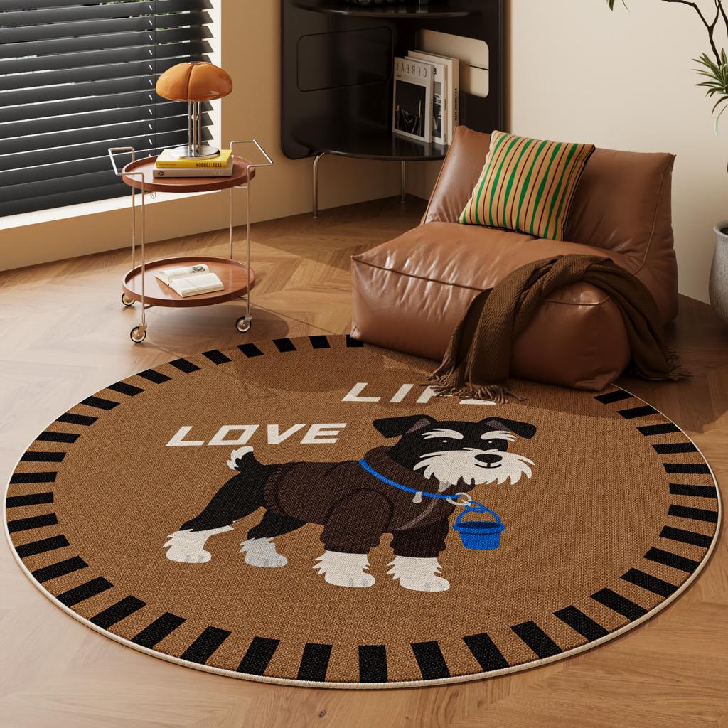 Cartoon Dog Round Carpet Mat - "best Luck" Text Rug with Geometric Border for Living Room Home Decoration Brown Rugs for Bedroom