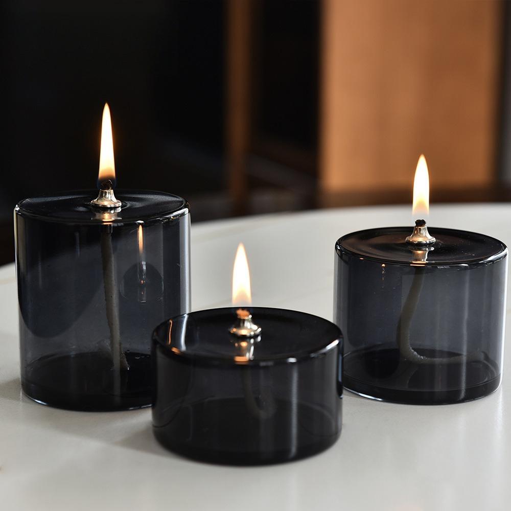 

Creative Dark Grey Transparent Glass Oil Lamp European Cylinder Candle Holders Home Desktop Smoke Free Crispy Oil Lamps