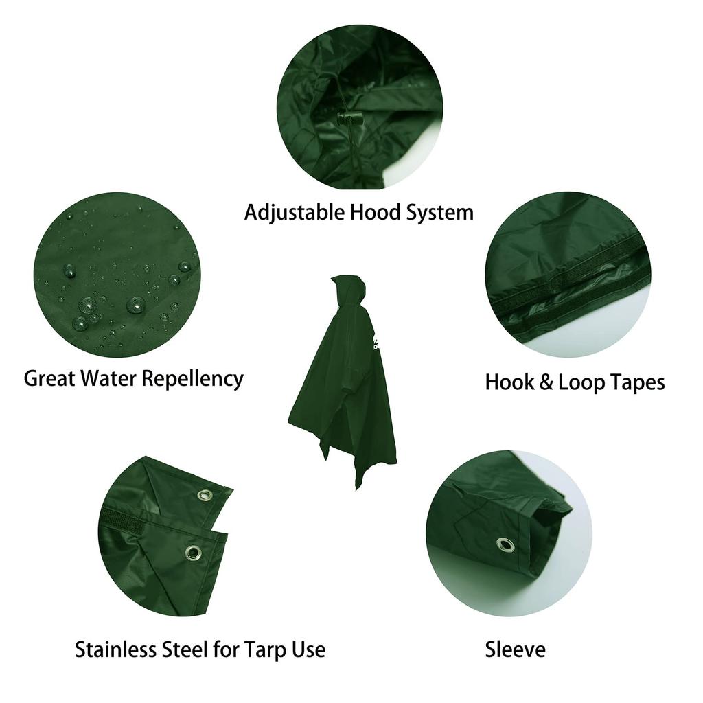 Longsinger Reusable Rain Poncho with Adjustable Hood and Armrests for Outdoor and Men and Army Green Waterproof, Lightweight, Hiking, Fishing,