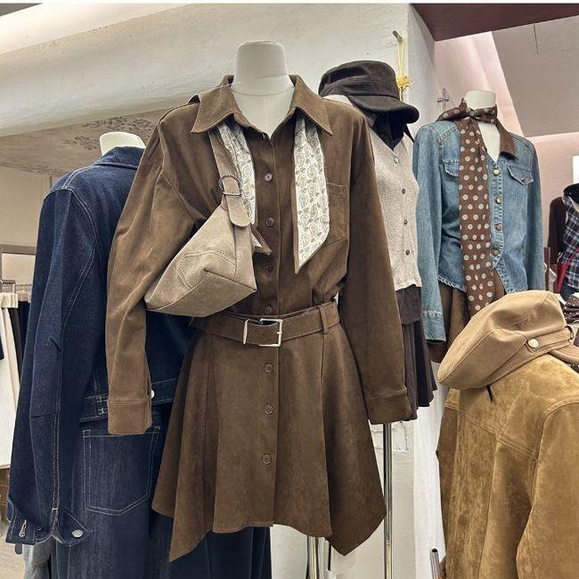

2025 Autumn Retro Coffee Suede Shirt Dress with Lapel and Waist-Cinching Skirt for Women S for 80-95 lbs