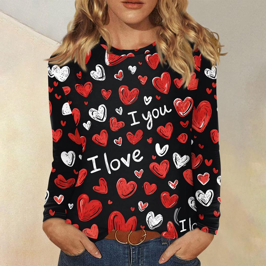 Damen Valentinstag Modisches Herzmuster Rundhals Langarm Pullover Top