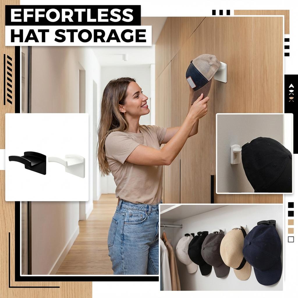 Minimalist Baseball Cap Organizer & Display Rack - No Drilling Sticky Hat Hangers For Door