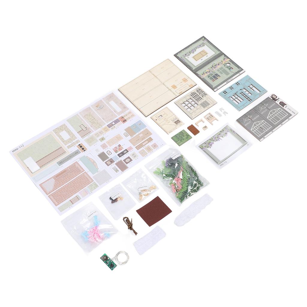 DIY Mini House Kit Wood Paper Openable and Closable Tiny Garden House Building Set with Strip Light