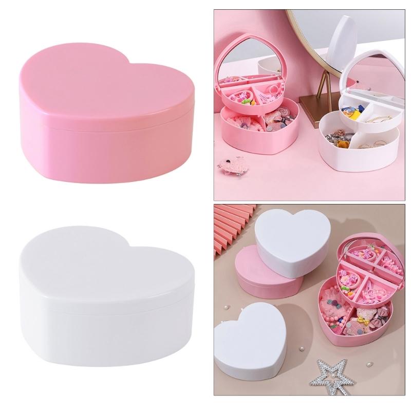 Jewelry Organizer Heart Shape Makeup Box with Mirror Cosmetic Storage Container for Earrings Rings Necklaces Display
