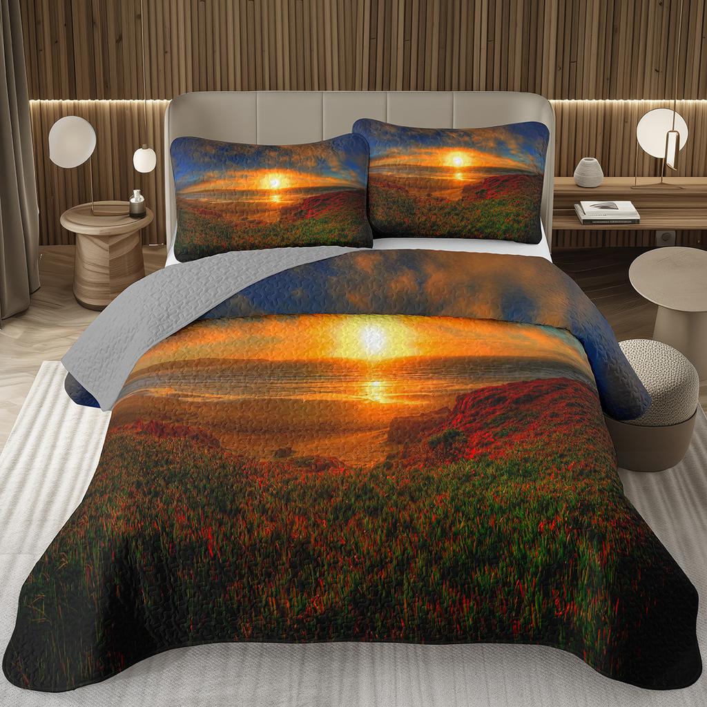 Sunset Scenery Bedspread Queen/Full Natural Landscape Quilted Coverlet 2/3Pcs Reversible Grey Bedding Set for Boy Girl Room Dorm