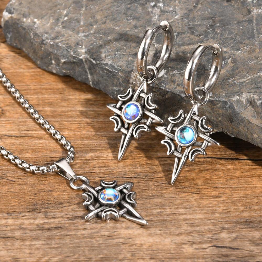 Vnox Hexenknoten Mond Stern Anhänger Halsketten Ohrringe für Männer Frauen, Edelstahl Keltischer Knoten Mondstein Halsband Schmuckset