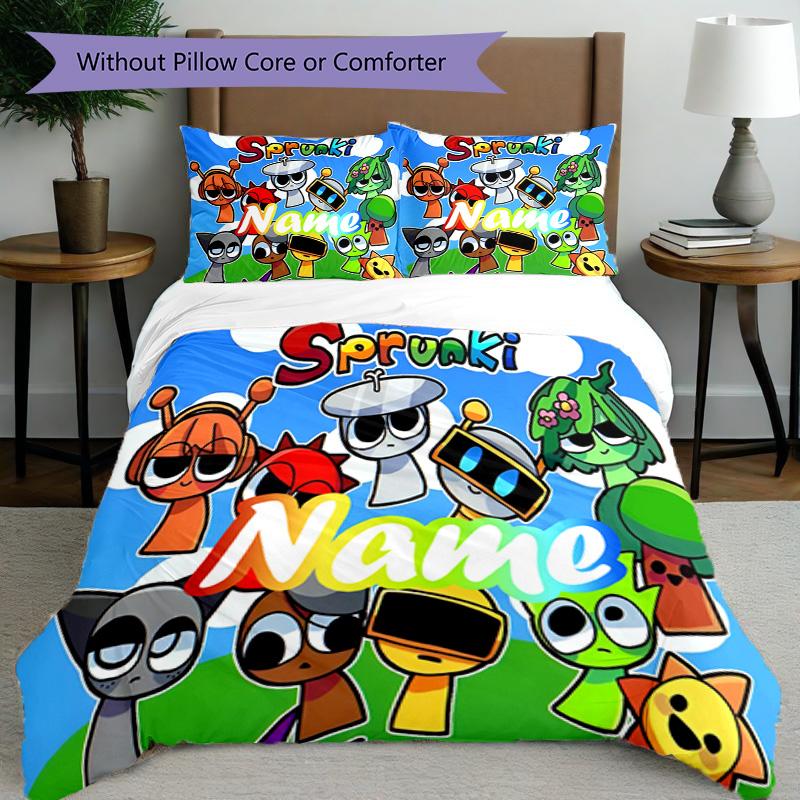3pcs Duvet Cover Set (1*Duvet Cover + 2*Pillowcase, Without Core), Custom Name Sprunki Game Pattern Bedding Set, Home Bedroom Decor Gift