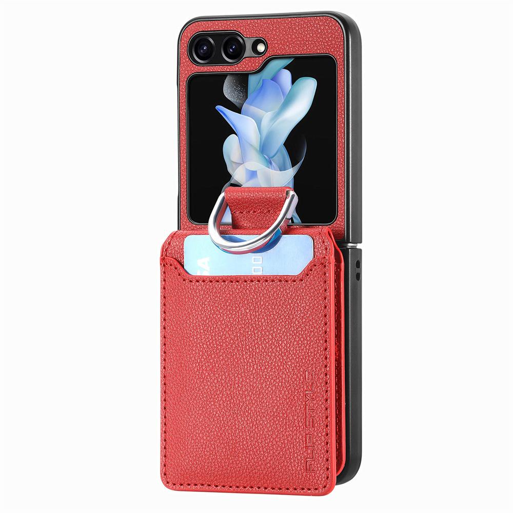 Custodia Portafoglio in Pelle con Motivo Litchi per Samsung Z Flip 5 4 3 2 7 Porta Carte Copertura per Galaxy Z Flip 4 6 Anello per Dita Custodia Morbida