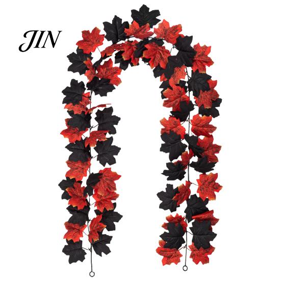 Autumn Retro Wall Art Artificial Maple Leaf Garland, Faux Vine, Black & Red Fall Flexible Rattan Garland Leaves Hanging Vine for Fireplace Front Door