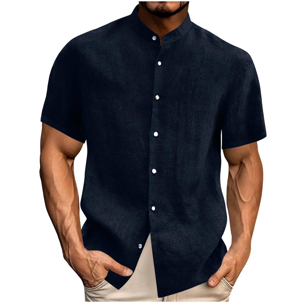 Top Casual Uomo alla Moda Colore Girocollo Manica Corta Bottoni Ampio Cotone e Lino