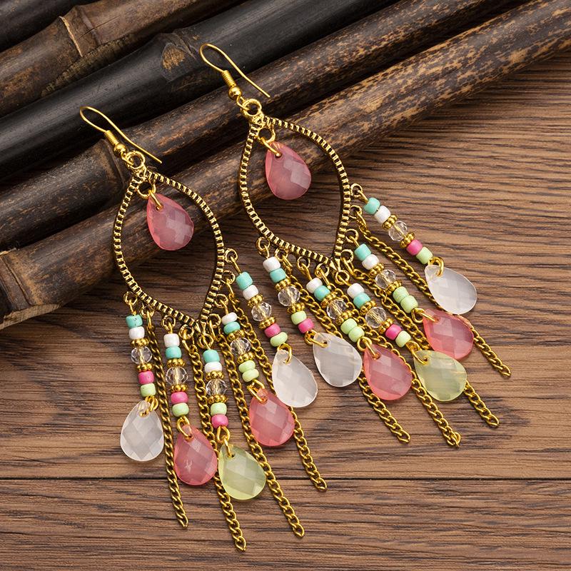 Bohemian Cross-Border Handmade Water Drop Rice Bead Tassel Earrings for Travel Photography