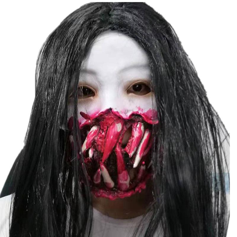 Horror Mask Black Hair and Fangs Prank Full Face Halloween Cosplay Dance Party Scary Latex Headgear