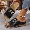 Fashion Summer 2025 Women Slippers New Large Size Solid Color Round Head Shoes Women Metal Casual Outdoor Roman Style Wedge Sandals