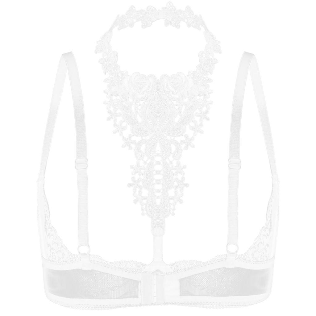 Sutiã de renda floral transparente feminino com aro e design halter, lingerie com seios nus para ocasiões especiais
