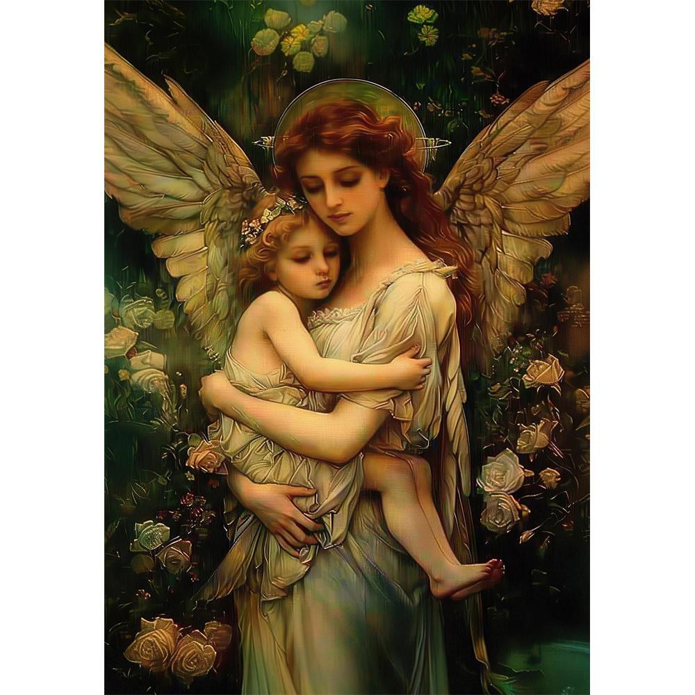 5D DIY Retro Angel Wall Art Round Diamond Painting Church Style Beautiful Angel Devotion Art Home Decoration