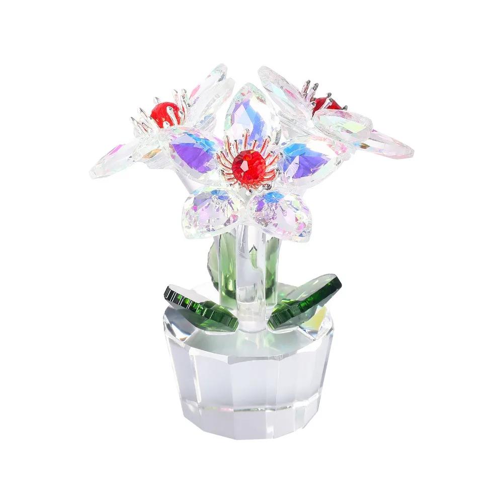 Handcraft Crystal Flower Statue Ornament Clear Base Artificial Flower Figurine Rose Tulip High Transparence