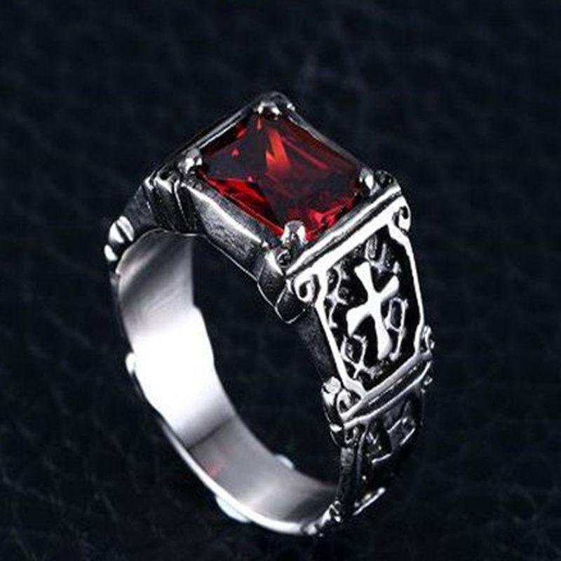 Unique Fashion Vintage Red Onyx Thor Men's Stainless Steel Gothic Style Ring
