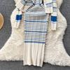 Autumn and Winter Small Fragrant Wind Stripes Collision Color Sexy Lapel Striped Knit Shirt Plus Halter Dress Two-piece